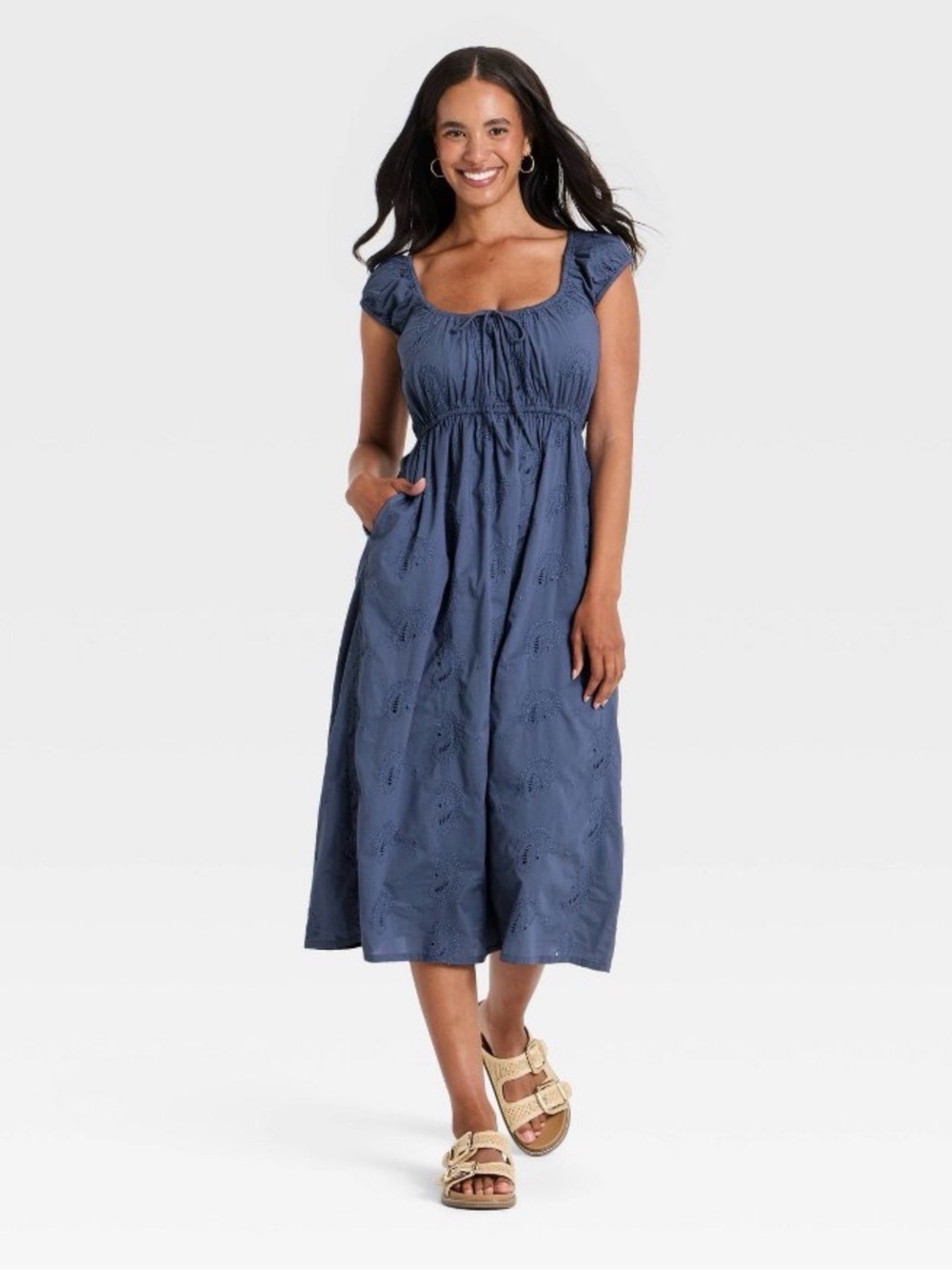 Universal Thread Cap Sleeve Eyelet Midi Sundress Slate Blue Size L